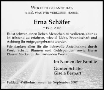 Todesanzeige von Erna Schäfer von HNA