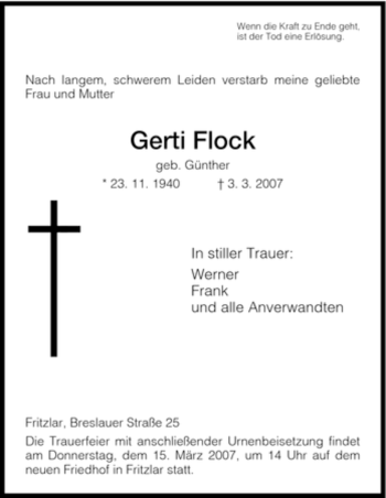 Todesanzeige von Gerti Flock von HNA