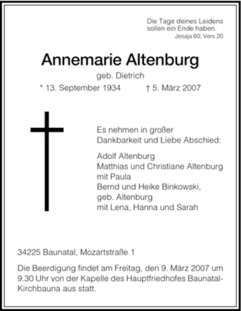 Todesanzeige von Annemarie Altenburg von HNA