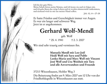 Todesanzeige von Gerhard Wolf-Mendl von HNA