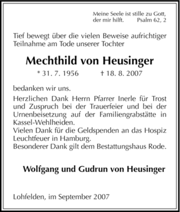 Todesanzeige von Mechthild von Heusinger von HNA