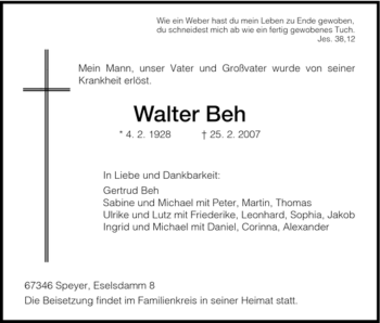 Todesanzeige von Walter Beh von HNA
