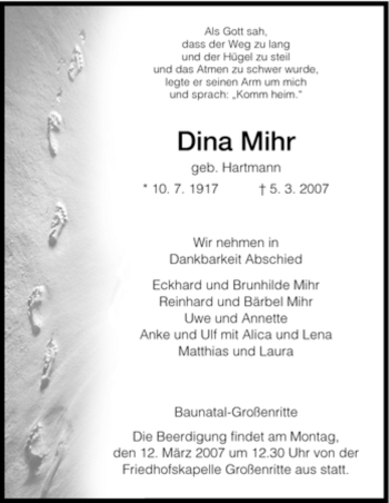 Todesanzeige von Dina Mihr von HNA
