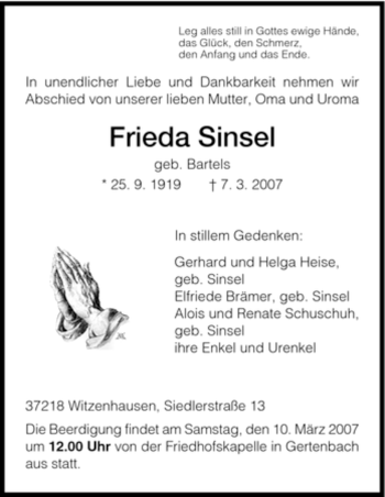 Todesanzeige von Frieda Sinsel von HNA
