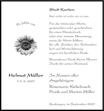 Todesanzeige von Helmut Müller von HNA