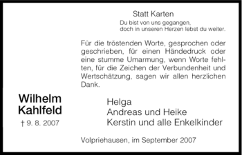 Todesanzeige von Wilhelm Kahlfeld von HNA