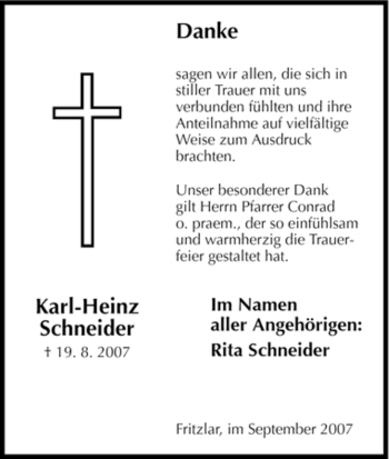 Todesanzeige von Karl-Heinz Schneider von HNA