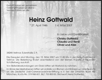 Todesanzeige von Heinz Gottwald von HNA