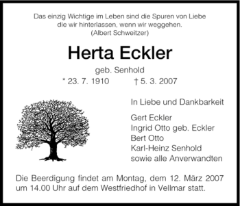 Todesanzeige von Herta Eckler von HNA