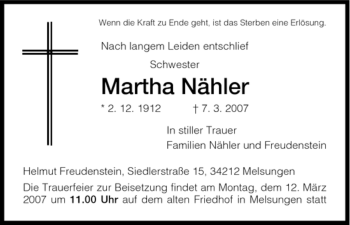 Todesanzeige von Martha Nähler von HNA