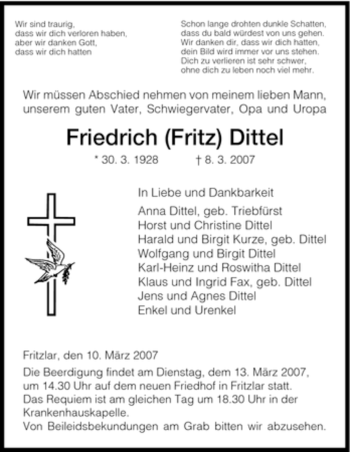 Todesanzeige von Friedrich Dittel von HNA