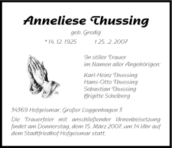 Todesanzeige von Anneliese Thussing von HNA