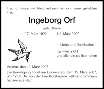 Todesanzeige von Ingeborg Orf von HNA