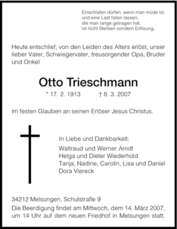 Todesanzeige von Otto Trieschmann von HNA