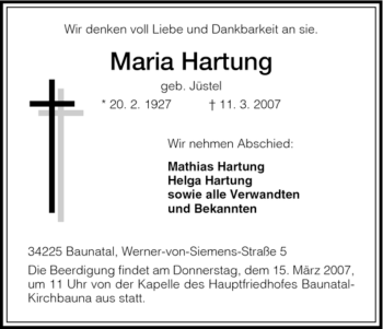 Todesanzeige von Maria Hartung von HNA