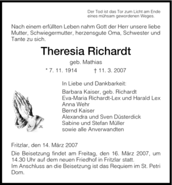 Todesanzeige von Theresia Richardt von HNA