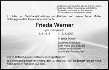 Todesanzeige von Frieda Werner von HNA