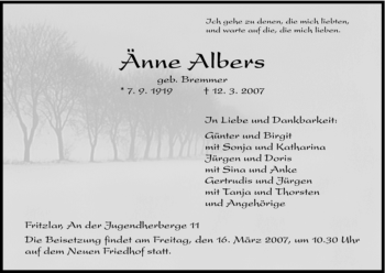 Todesanzeige von Änne Albers von HNA