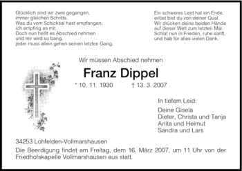 Todesanzeige von Franz Dippel von HNA