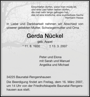 Todesanzeige von Gerda Nückel von HNA