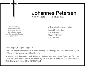Todesanzeige von Johannes Petersen von HNA