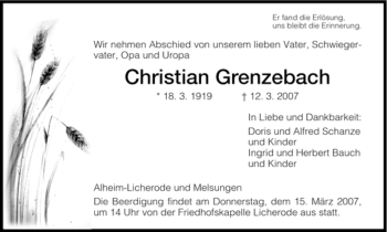 Todesanzeige von Christian Grenzebach von HNA