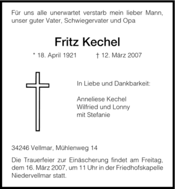 Todesanzeige von Fritz Kechel von HNA