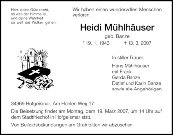 Todesanzeige von Heidi Muehlhaeuser von HNA