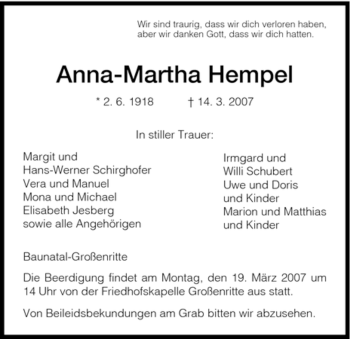 Todesanzeige von Anna-Martha Hempel von HNA