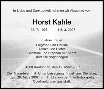 Todesanzeige von Horst Kahle von HNA