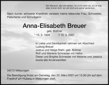 Todesanzeige von Anna-Elisabeth Breuer von HNA