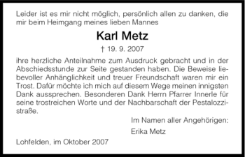 Todesanzeige von Karl Metz von HNA