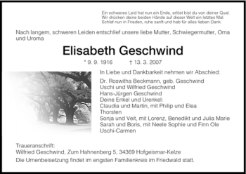 Todesanzeige von Elisabeth Geschwind von HNA