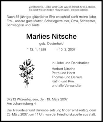 Todesanzeige von Marlies Nitsche von HNA