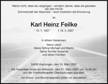 Todesanzeige von Karl Heinz Feilke von HNA