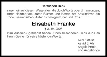 Todesanzeige von Elisabeth Franke von HNA