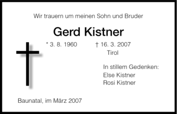 Todesanzeige von Gerd Kistner von HNA