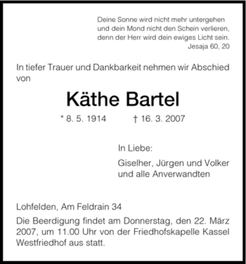 Todesanzeige von Käthe Bartel von HNA