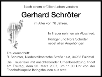 Todesanzeige von Gerhard Schröter von HNA