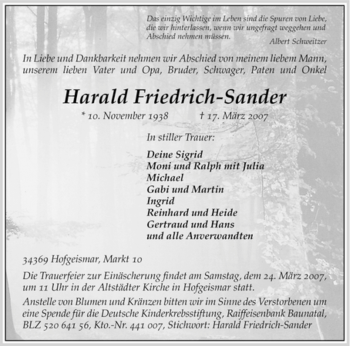 Todesanzeige von Harald Friedrich-Sander von HNA