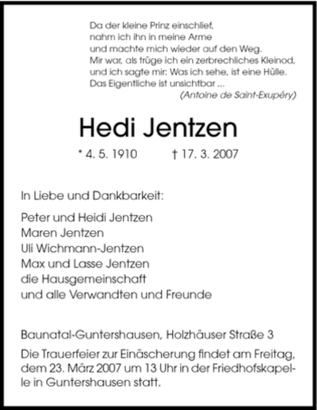 Todesanzeige von Hedi Jentzen von HNA