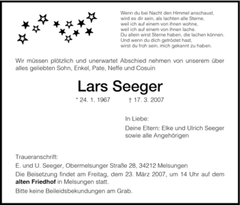 Todesanzeige von Lars Seeger von HNA
