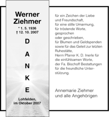 Todesanzeige von Werner Ziehmer von HNA
