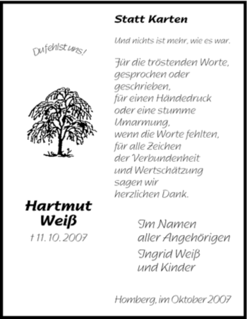Todesanzeige von Hartmut Weiß von HNA