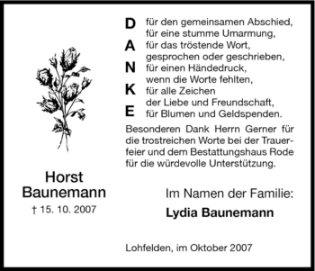 Todesanzeige von Horst Baunemann von HNA
