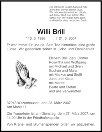 Todesanzeige von Willi Brill von HNA
