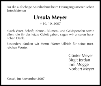 Todesanzeige von Ursula Meyer von HNA