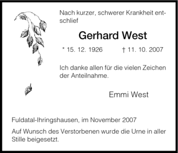 Todesanzeige von Gerhard West von HNA
