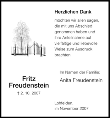 Todesanzeige von Fritz Freudenstein von HNA