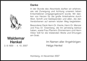 Todesanzeige von Waldemar Henkel von HNA
